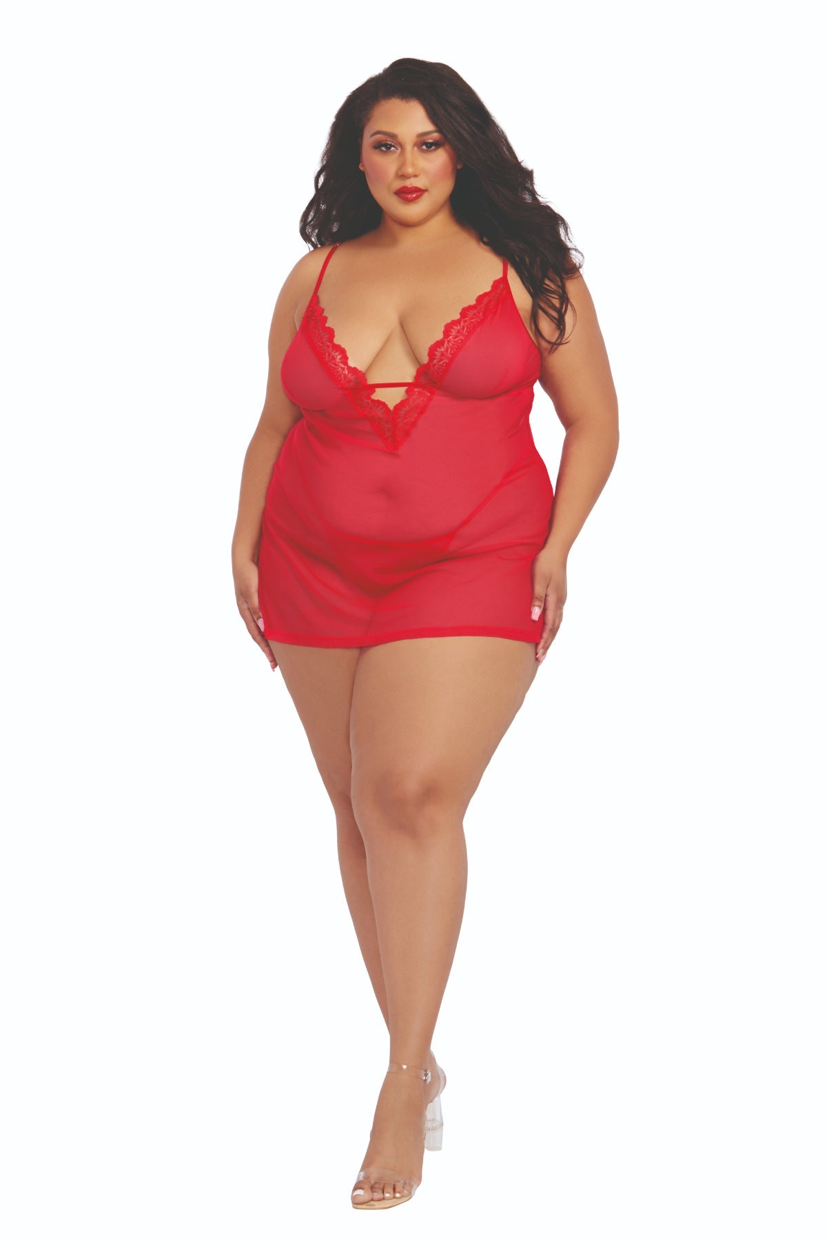 Plus size sheer red chemise with lace detailing for elegant lingerie.