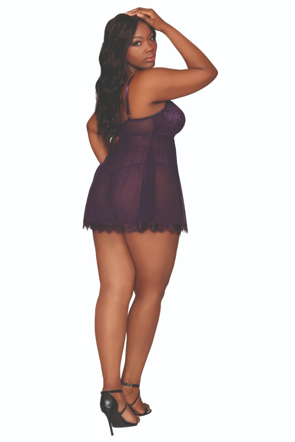 Plus size babydoll set with eyelash lace and strappy rhinestone neckline.