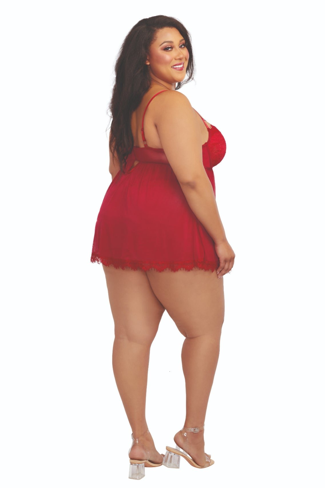 Plus size red eyelash lace babydoll set with rhinestone details.