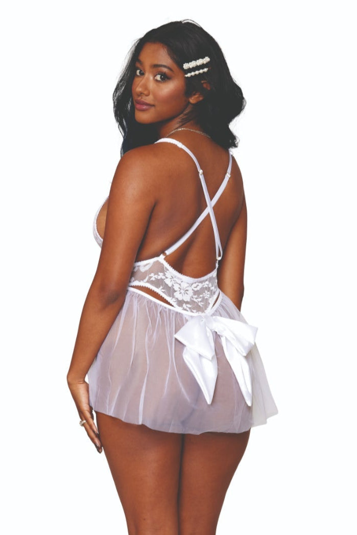 Dreamgirl Lace Teddy with removable mesh skirt and satin bow detail.