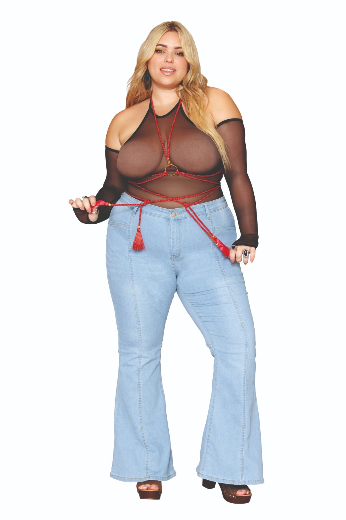 Plus size mesh teddy with gloves and Shabari-inspired body harness.