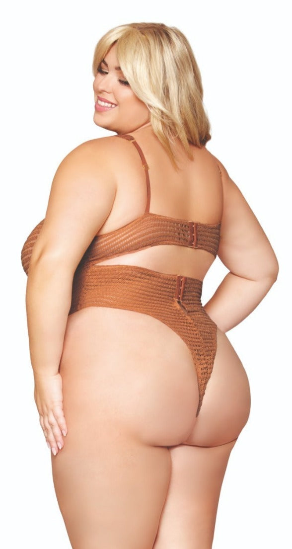 Stretch knit plus size novelty teddy in warm brown color.