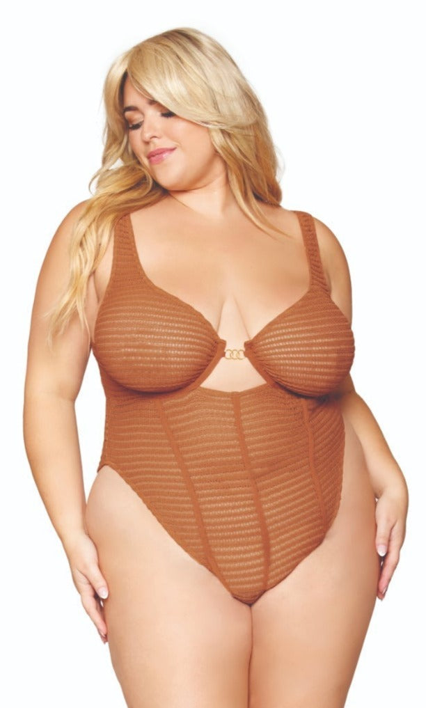 Woman modeling Stretch Knit Plus Size Novelty Teddy, featuring underwire cups, adjustable straps, and thong back, highlighting its design and fit.