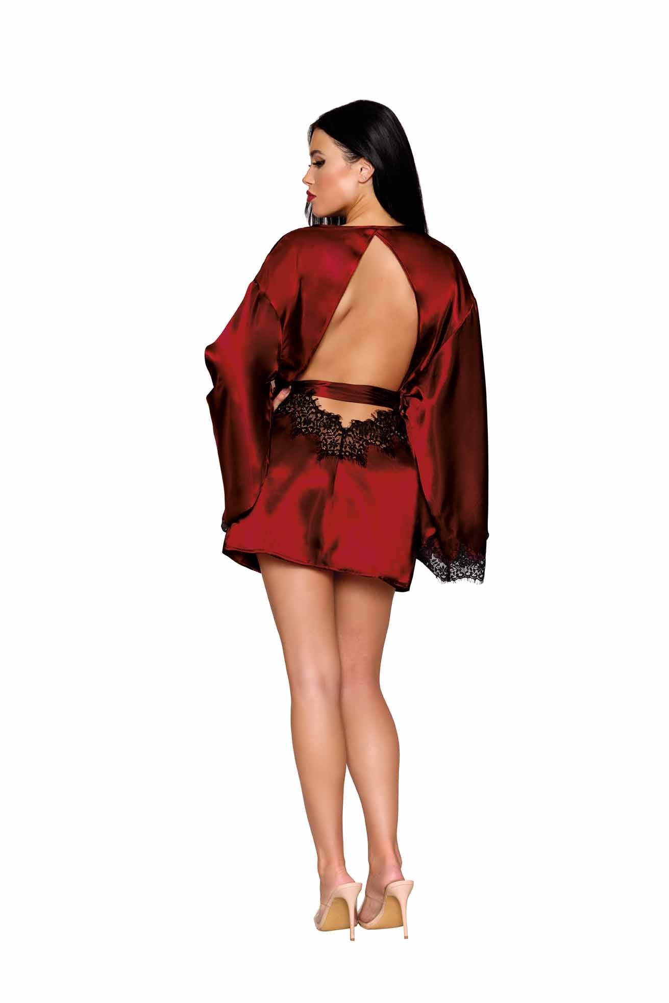 Open back satin robe with eyelash lace trim, elegant wide sleeves.