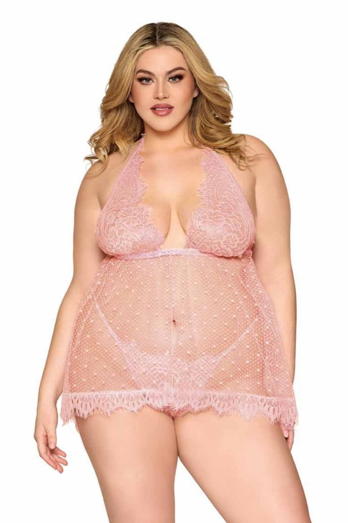 Woman modeling the Plus Size Heart Pattern Eyelash Lace Babydoll, showcasing the eyelash lace, adjustable halter neck, and rhinestone crystal underbust detail.