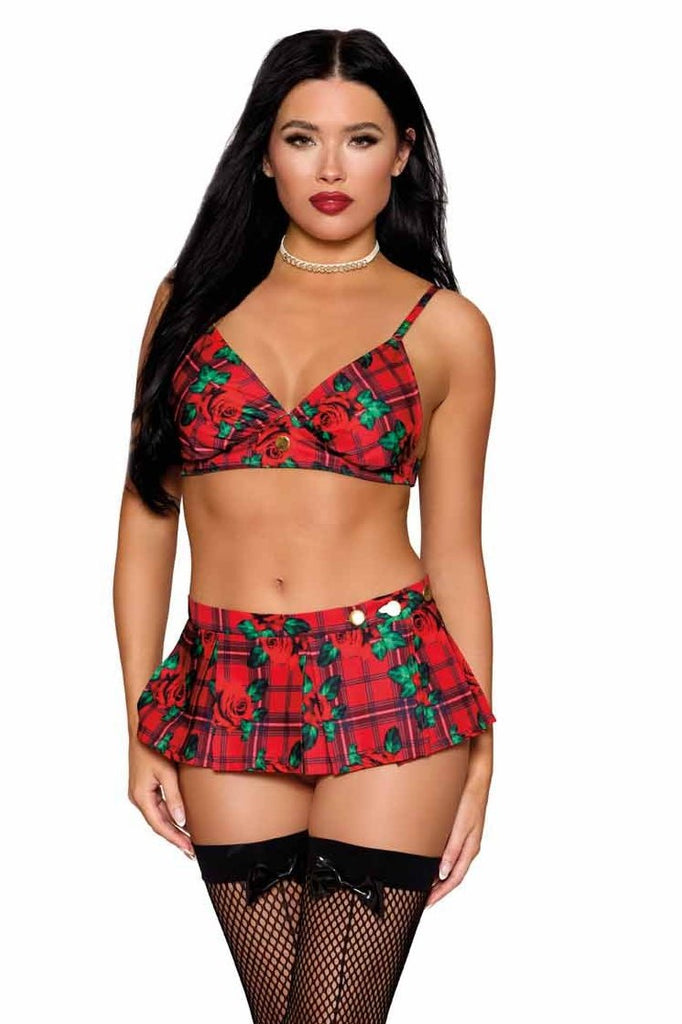 Rose Print Bralette & Plaid Mini Skirt set featuring triangle soft cups and adjustable straps, paired with a box pleated skirt.