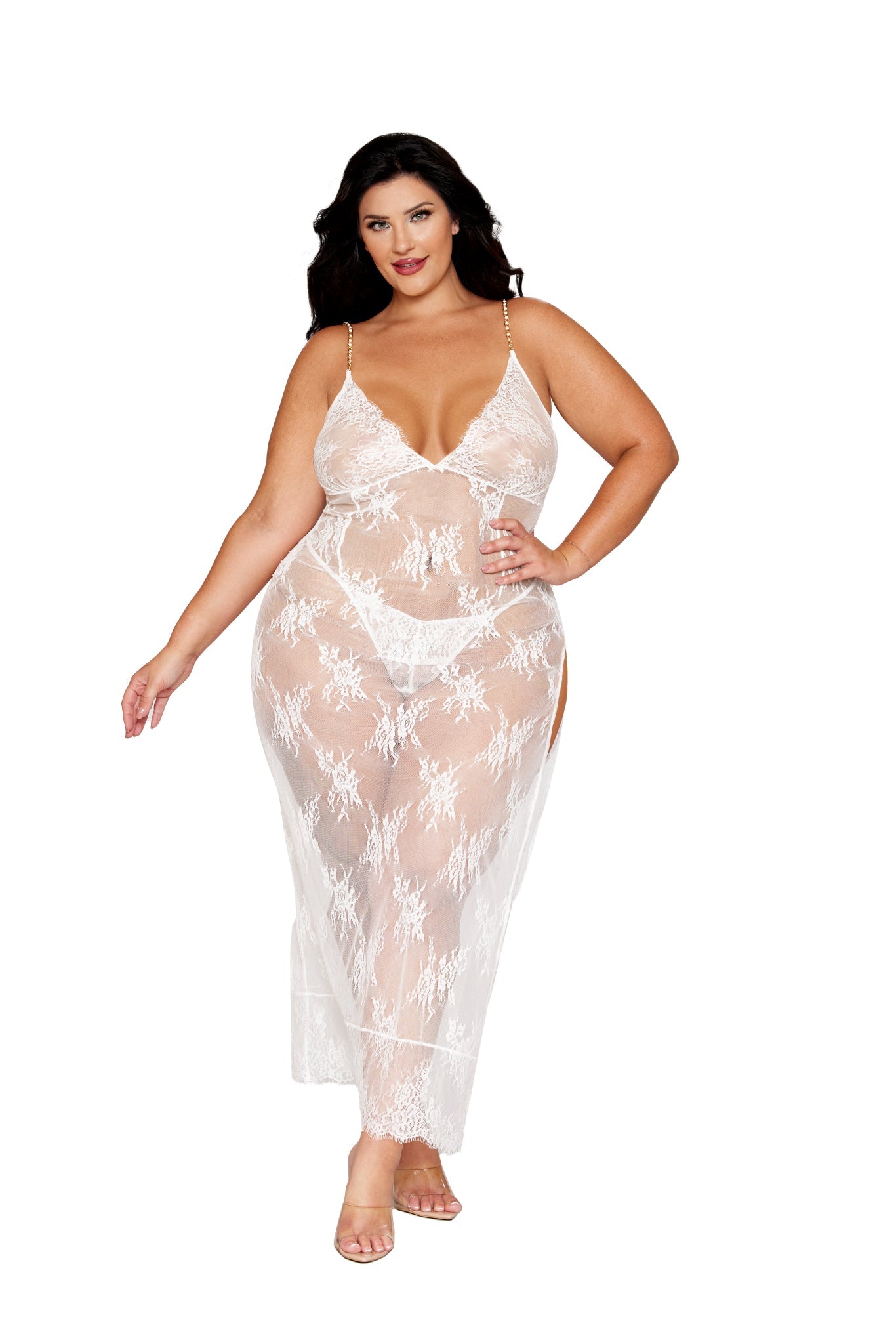 Plus Size delicate eyelash lace gown with high side slit and pearl chain straps, worn by a woman, includes matching low V waist G-string.