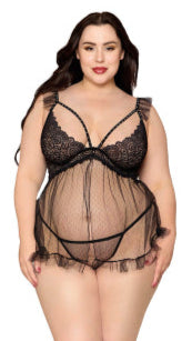 Plus Size Scalloped stretch lace babydoll with dot mesh, adjustable ruffled straps, open front skirt, and matching mesh G-string, worn by a model.