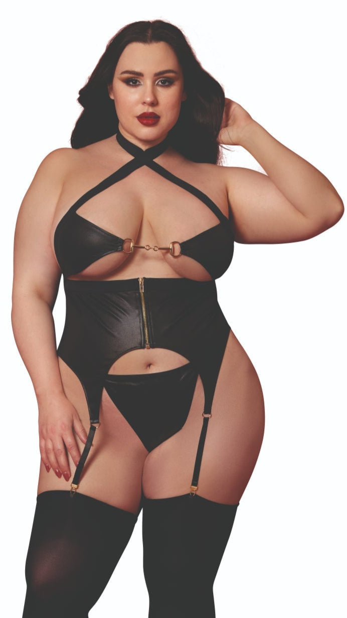 Plus Size Faux-leather bustier and G-string set with crisscross halter straps, metal trim detail, and front zipper, modeled with thigh highs (sold separately).