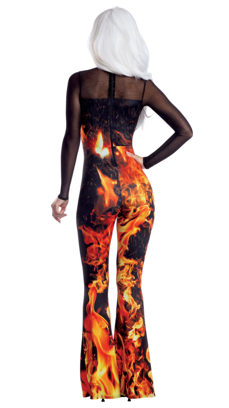 Woman wearing Flame Jumpsuit, featuring a flame design with orange and red glitter mesh neckline, highlighting fashion-forward style and intricate detailing.
