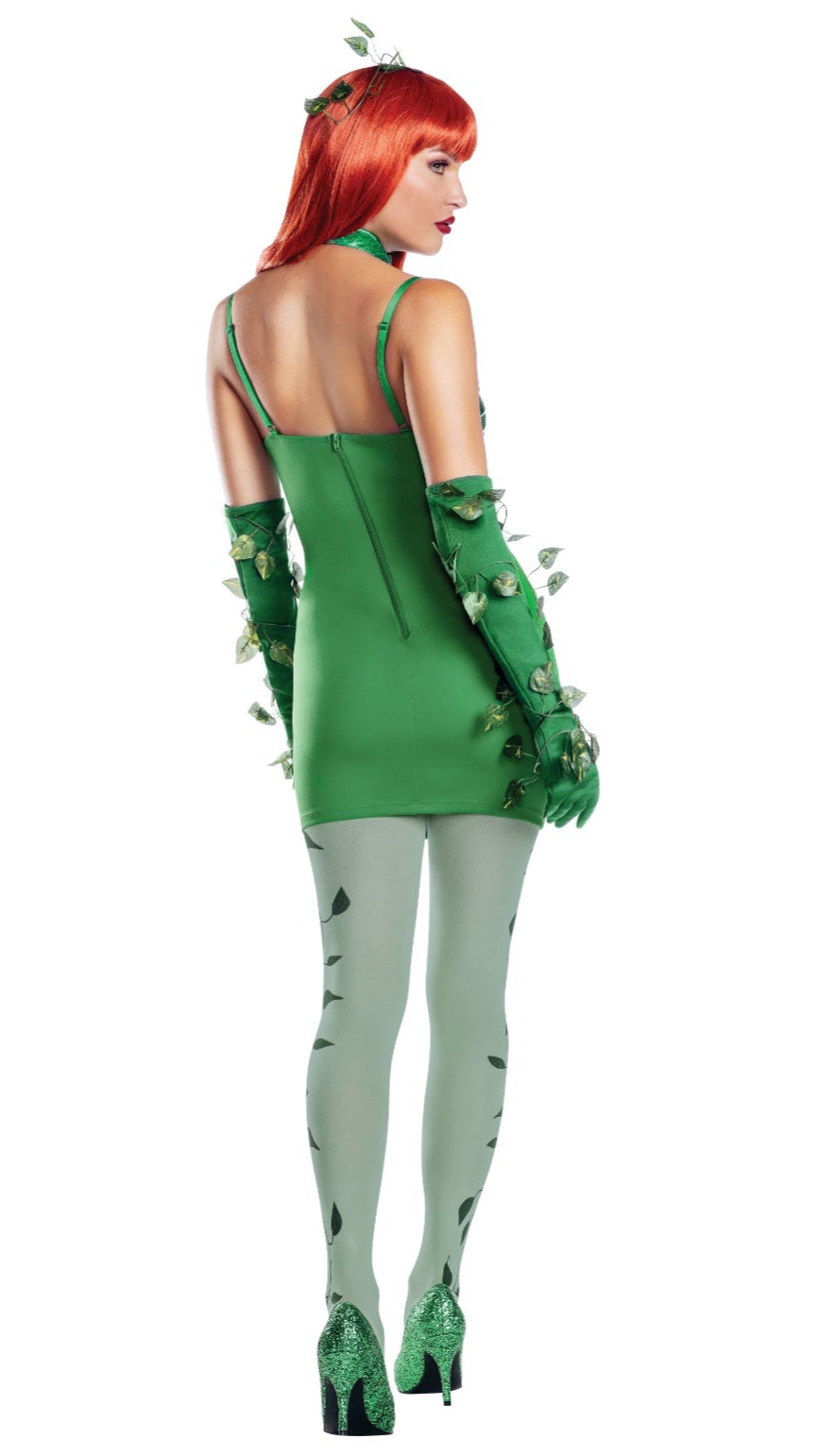 Woman wearing the Poison Oak three-piece set, featuring a lame bodycon dress, printed mesh tights, gloves with vine details, and a headpiece.