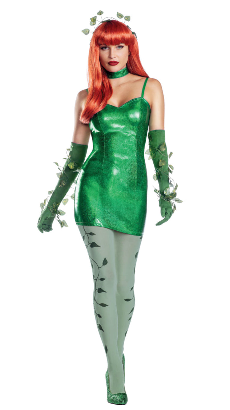 Woman in green Lame bodycon dress with vine-detailed gloves and headpiece, part of the Poison Oak three-piece fashion set.