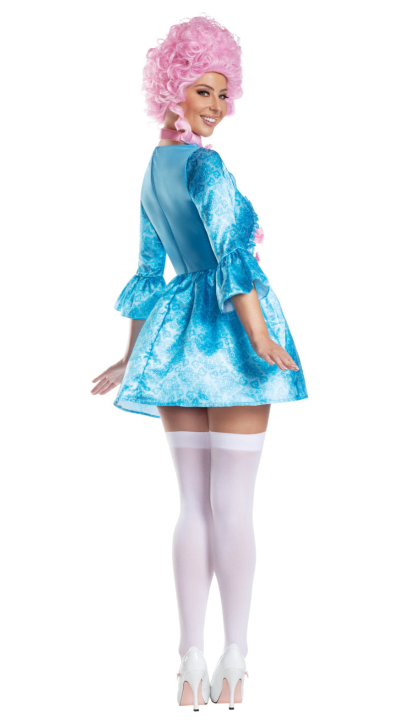 Marie satin dress with velvet bows, featuring a trompe l'oeil skirt, paired with a velvet bow choker. Close-up views of the dress and white high-heeled shoes.