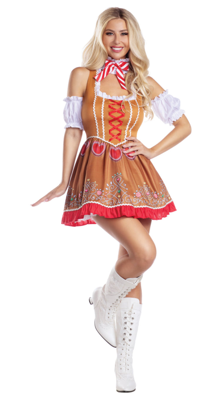Gingerbread dress set includes a corset-style denier dress with ricrac trim and frosting print, striped bowtie collar, and matching arm poufs, ideal for costume design.