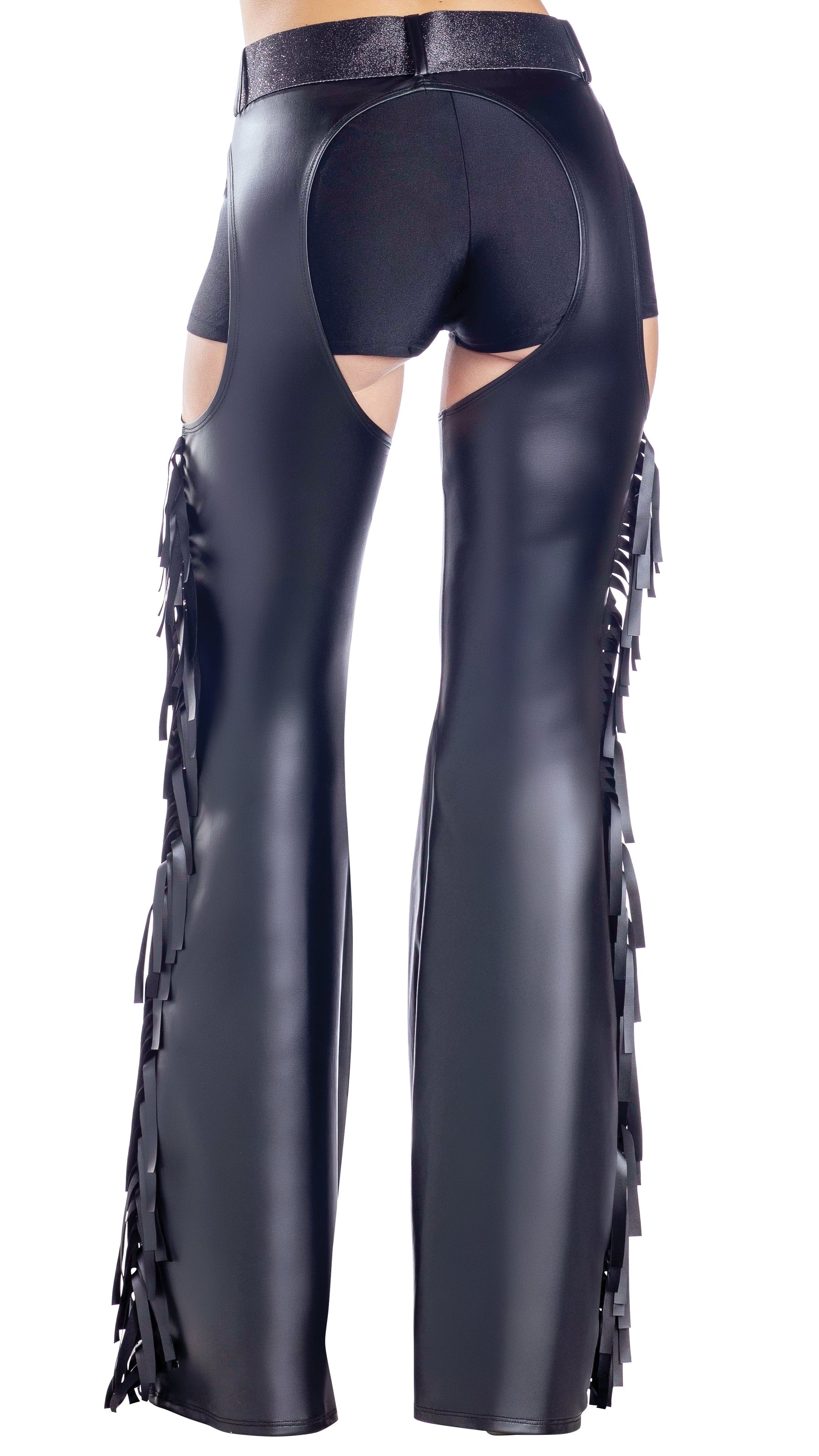 Fringe Chaps Black: Close-up of black leather boots with fringes, matching glitter belt, and person wearing chaps with stud and fringe detailing.