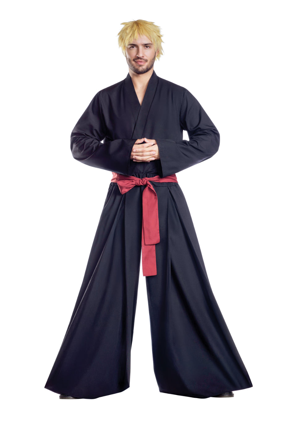 Samurai Warrior outfit featuring a kimono-inspired woven wrap shirt, hakama-inspired pleated pants, and an obi-inspired belt, worn by a man with blonde hair.
