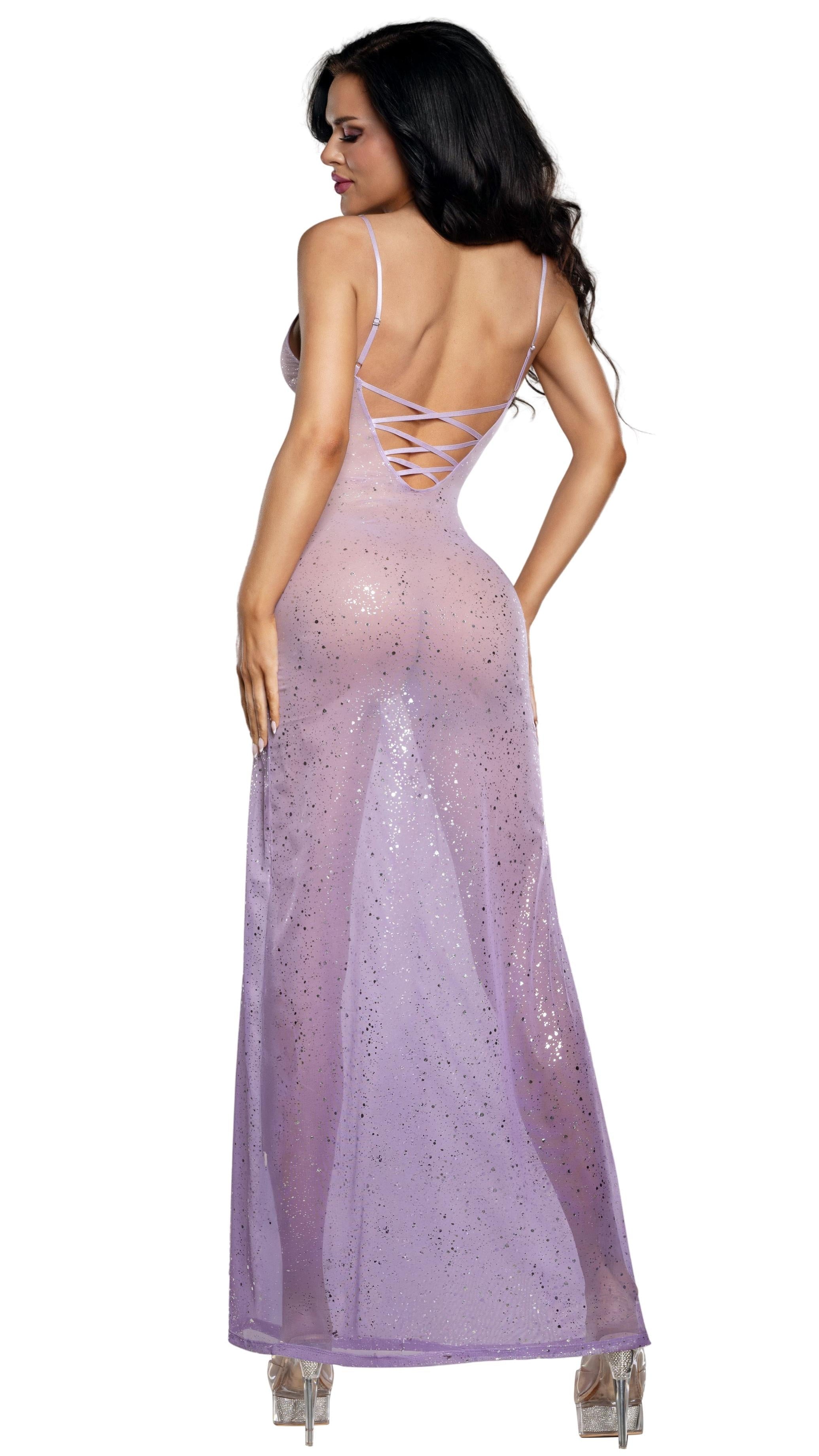 Lilac Sheer Glitter Mesh Strappy Slit Gown