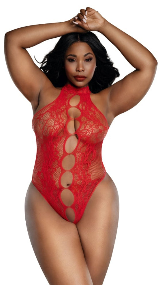 Plus Size Peek-a-boo teddy Red modeled by a woman with dark hair. The red lace bodysuit features a high neck and circular cut-outs down the front, complementing her matching red lips.