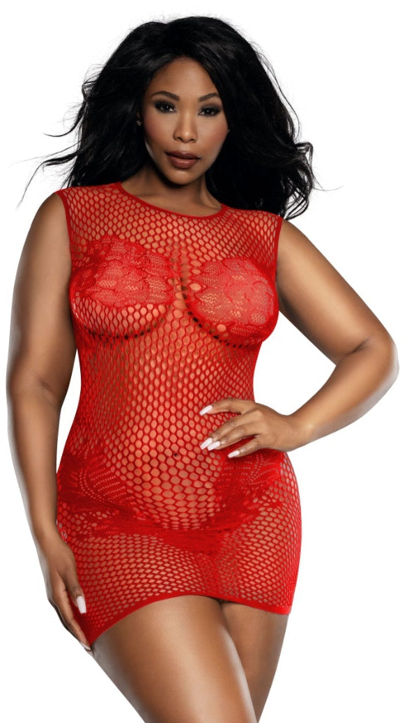 A woman models the Plus Size Lace and net pattern seamless dress, showcasing its form-fitting, sleeveless, red fishnet design over matching underwear, paired with glossy high-heeled pumps against a white backdrop.