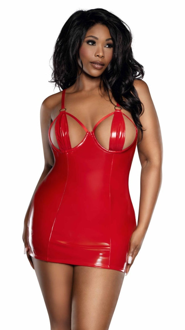 Plus Size Vinyl bodycon dress with cutouts features a shiny, tight fit and under-bust cutouts, paired with matching thong, showcasing a bold style with thin straps and a short hemline.