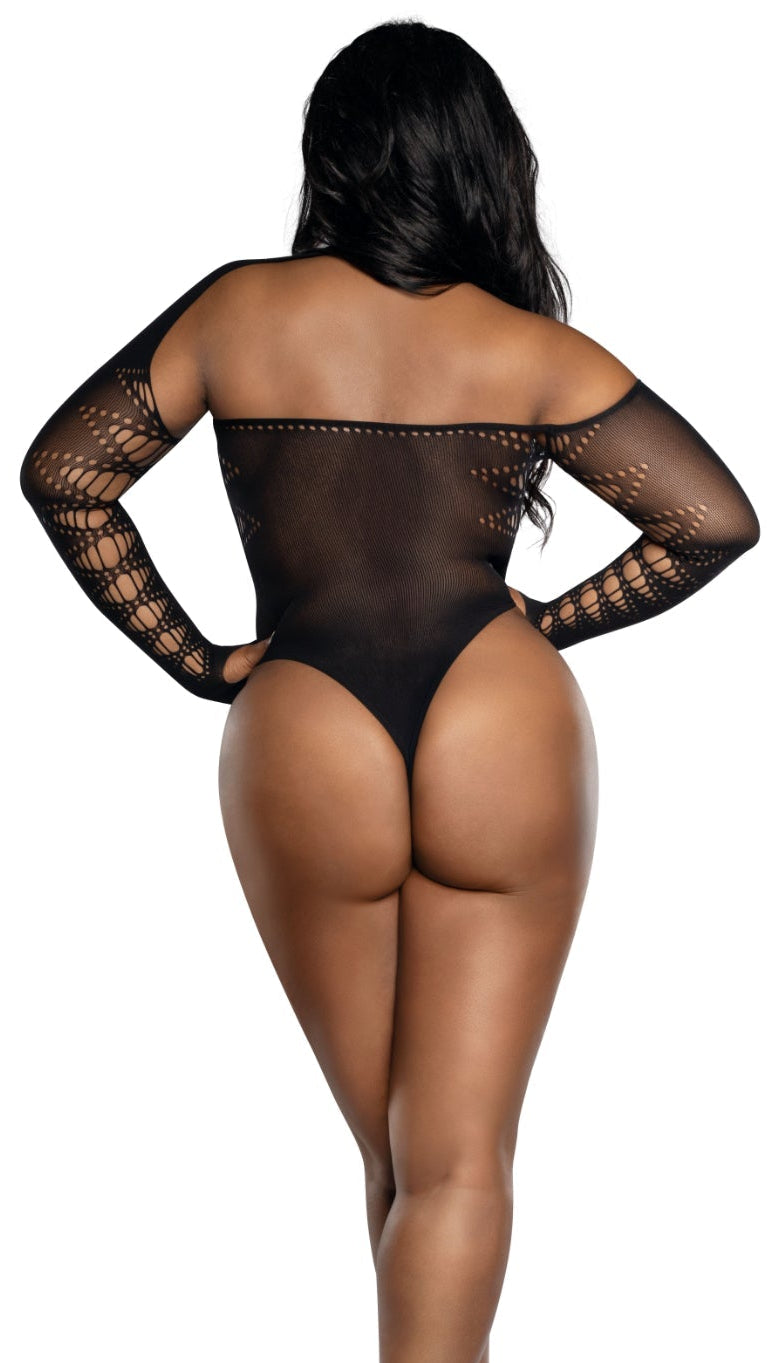 Woman in Plus Size Asymmetrical seamless knit long sleeve bodysuit with attached collar, showcasing a sheer, off-the-shoulder design with fishnet-style sleeves and thong-cut bottom, wearing black high-heeled pumps.