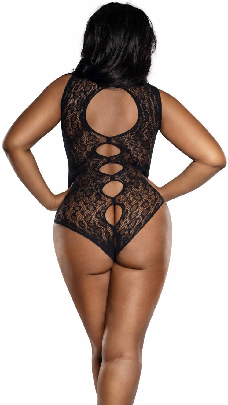 Woman in Leopard peek-a-boo teddy, featuring black lace with oval cutouts down the back, paired with shiny black stiletto heels, highlighting the elegant design and allure of the lingerie.