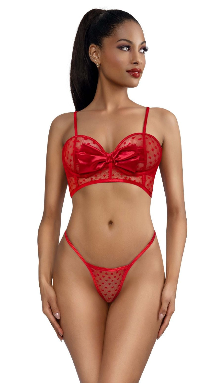 Red sweetheart long-line bra and g-string set, front view, lace mesh with bow