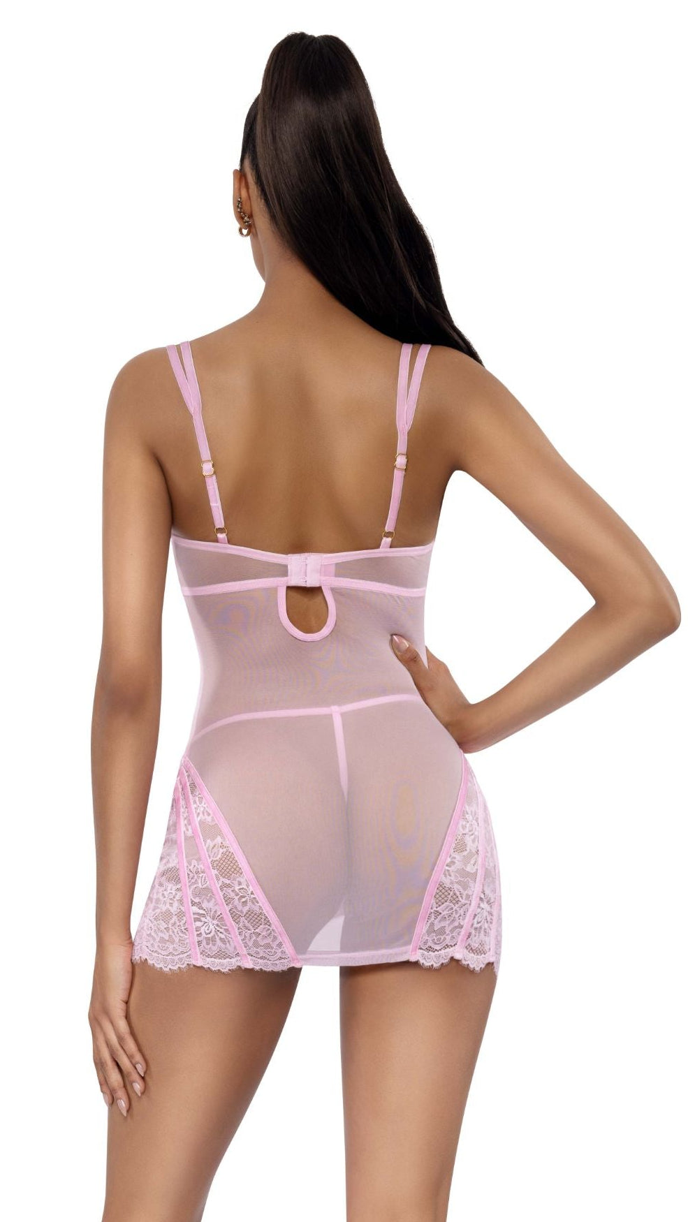 Powder pink sheer chemise 2-piece set, lace back hem and adjustable straps