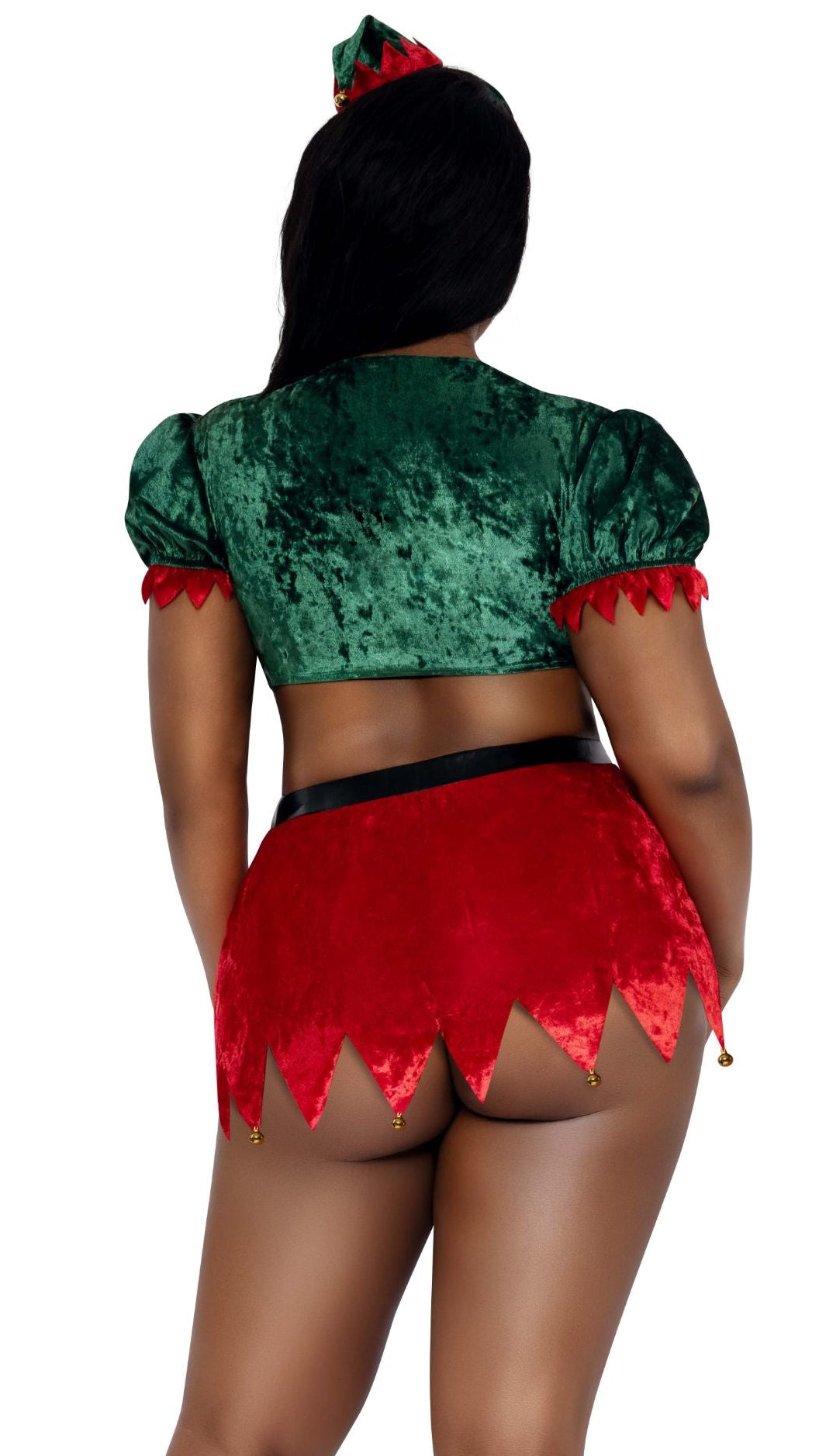 Plus size elf skirt set, green hooded crop top and red fringe mini skirt