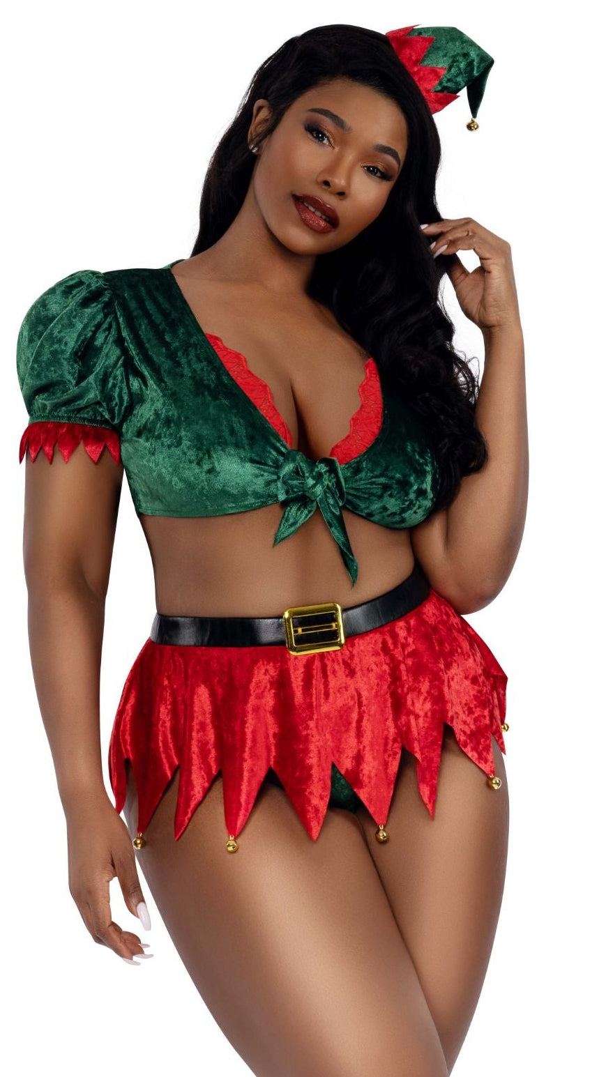Plus size elf skirt set with green crop top and red fringe skirt, matching headpiece