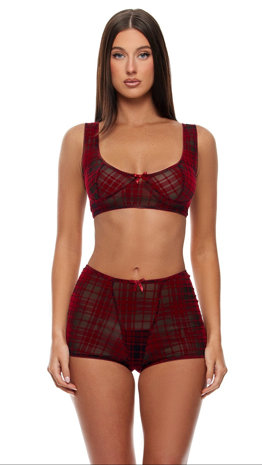 Velvet Lines Plaid Mesh Bralette and Briefs Lingerie Set features a wireless scoop-neck bralette with picot trim and a mini bow, paired with matching high-waisted boyshorts, worn by a model facing forward.