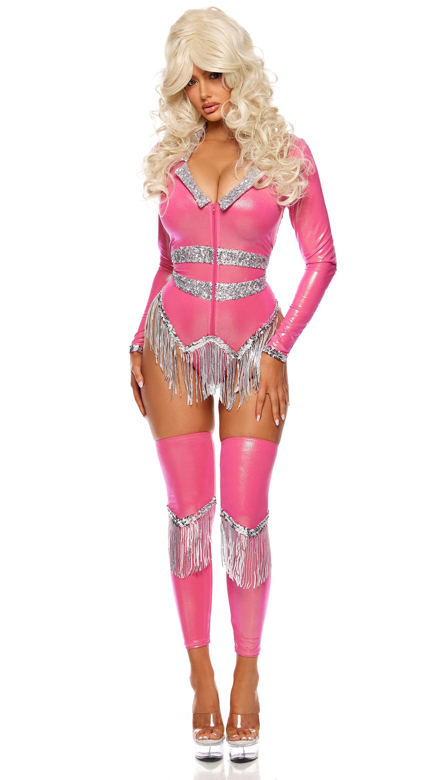 The Iconic Superstar Dolly Parton 9 To 5 Retro Pink Bodysuit Costume Set features a metallic pink bodysuit with silver fringe, matching leg accessories, and a platinum-blonde wig, perfect for themed parties.