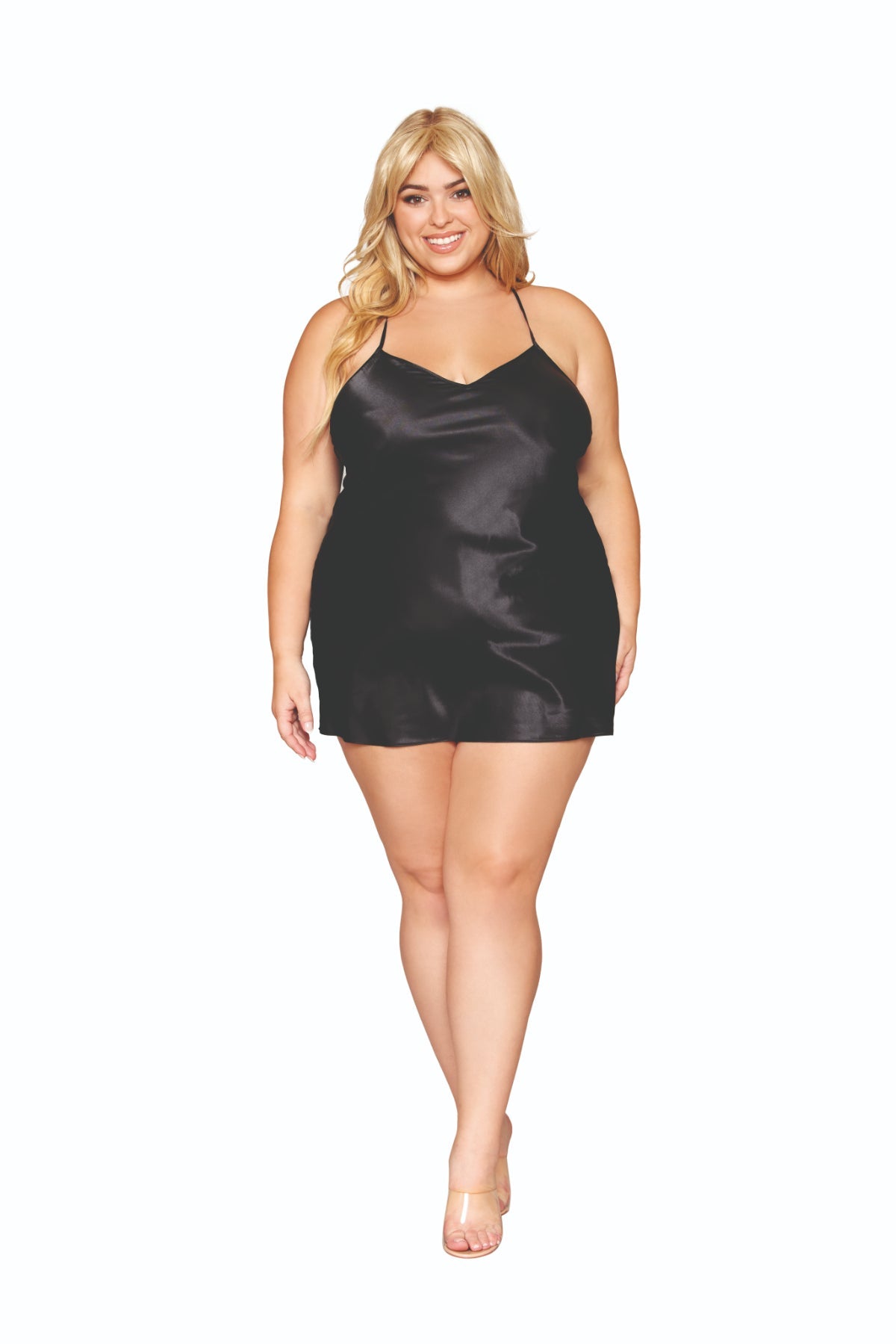 Plus size satin robe and chemise set in black, model showcasing elegance.