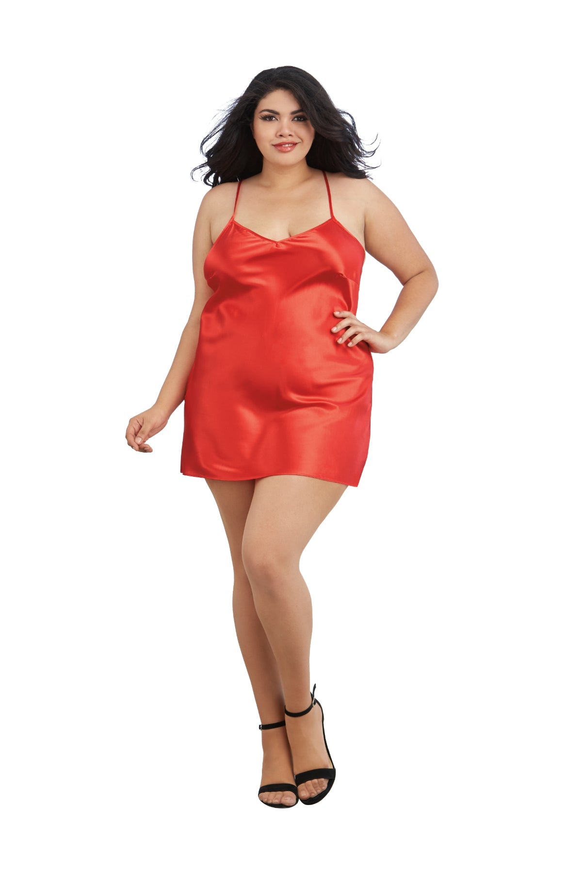 Plus size satin robe and chemise set, stylish red lingerie outfit.