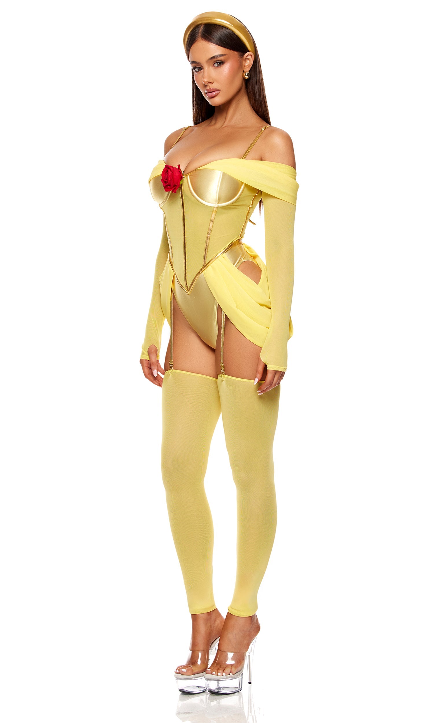 Yellow satin off-shoulder corset costume with red rose, draped cape sleeves, leggings