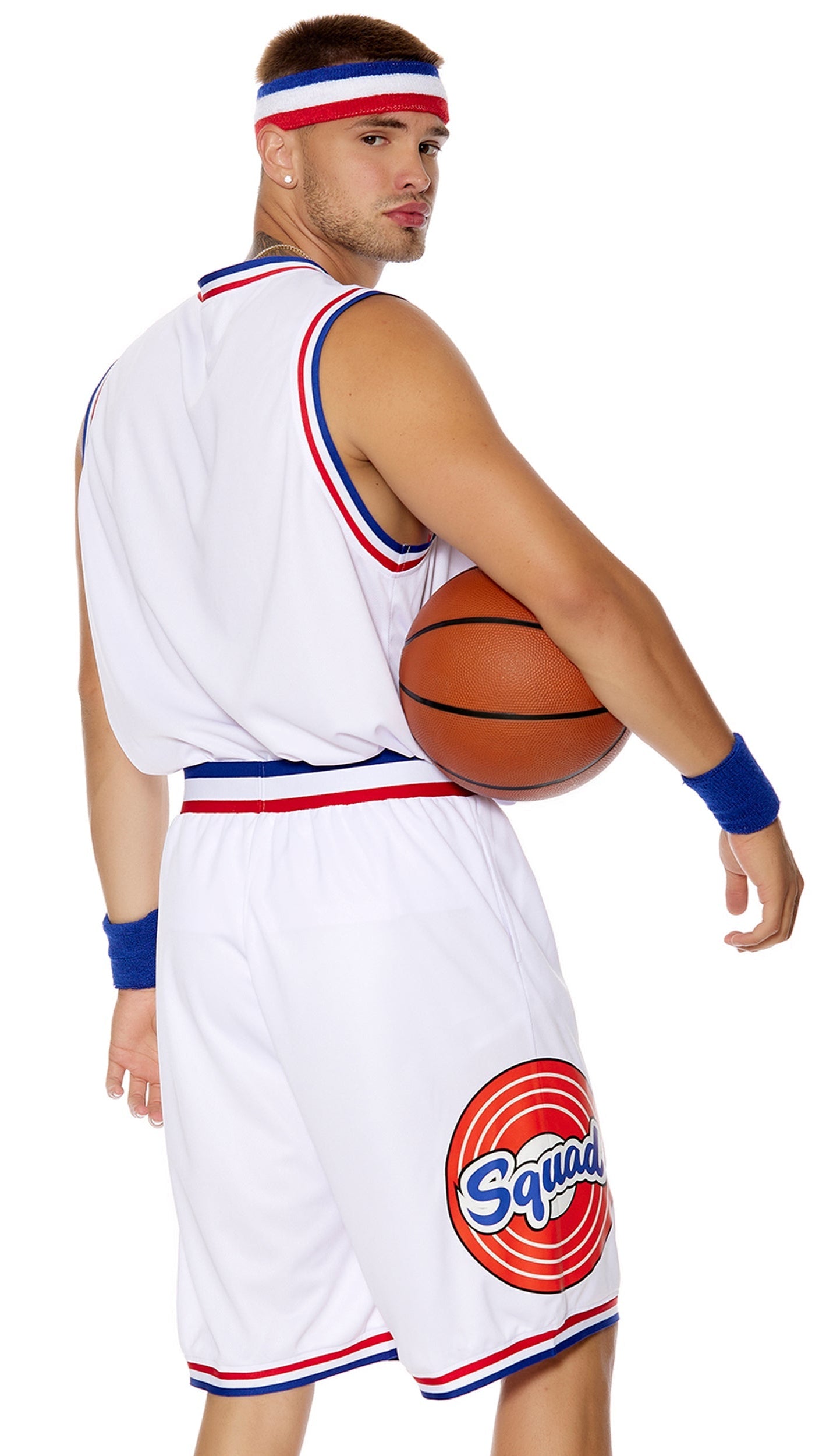 Nothing But Net Men's Basketball Costume featuring a sleeveless jersey, matching shorts, striped headband, and wristbands, highlighted by a person holding a basketball.