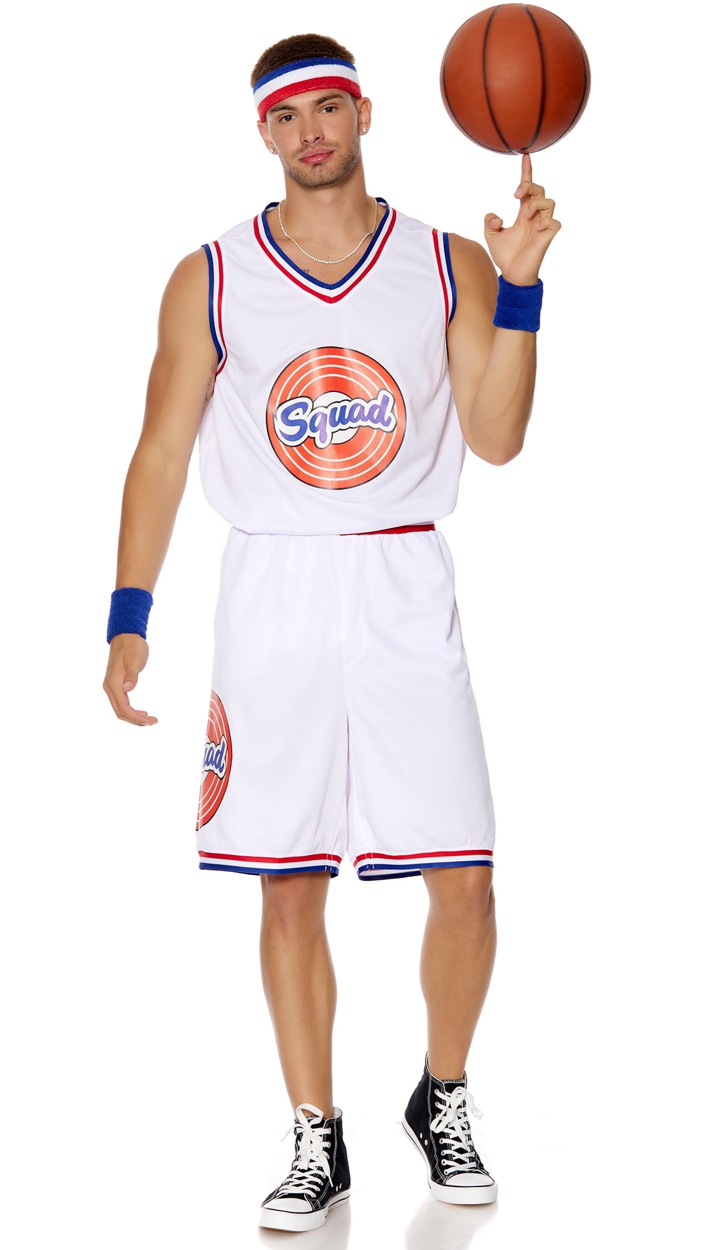 Nothing But Net Men's Basketball Costume featuring a sleeveless jersey with SQUAD print, matching shorts, headband, and wristbands, ideal for athletic games.