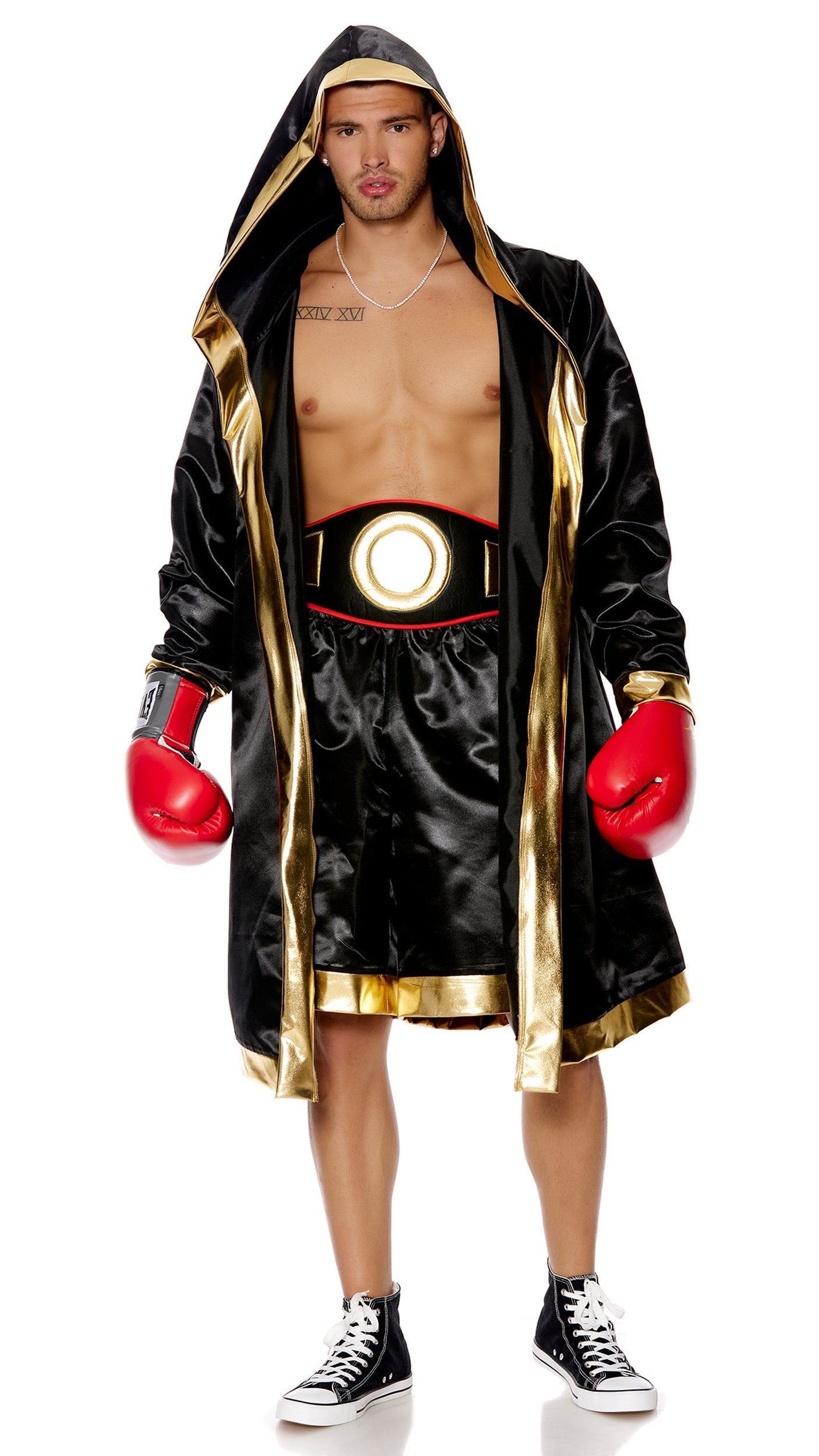 Knockout Champ Men's Boxer Costume showcasing a satin hooded robe, matching shorts, and belt, emphasizing its pullover closure.