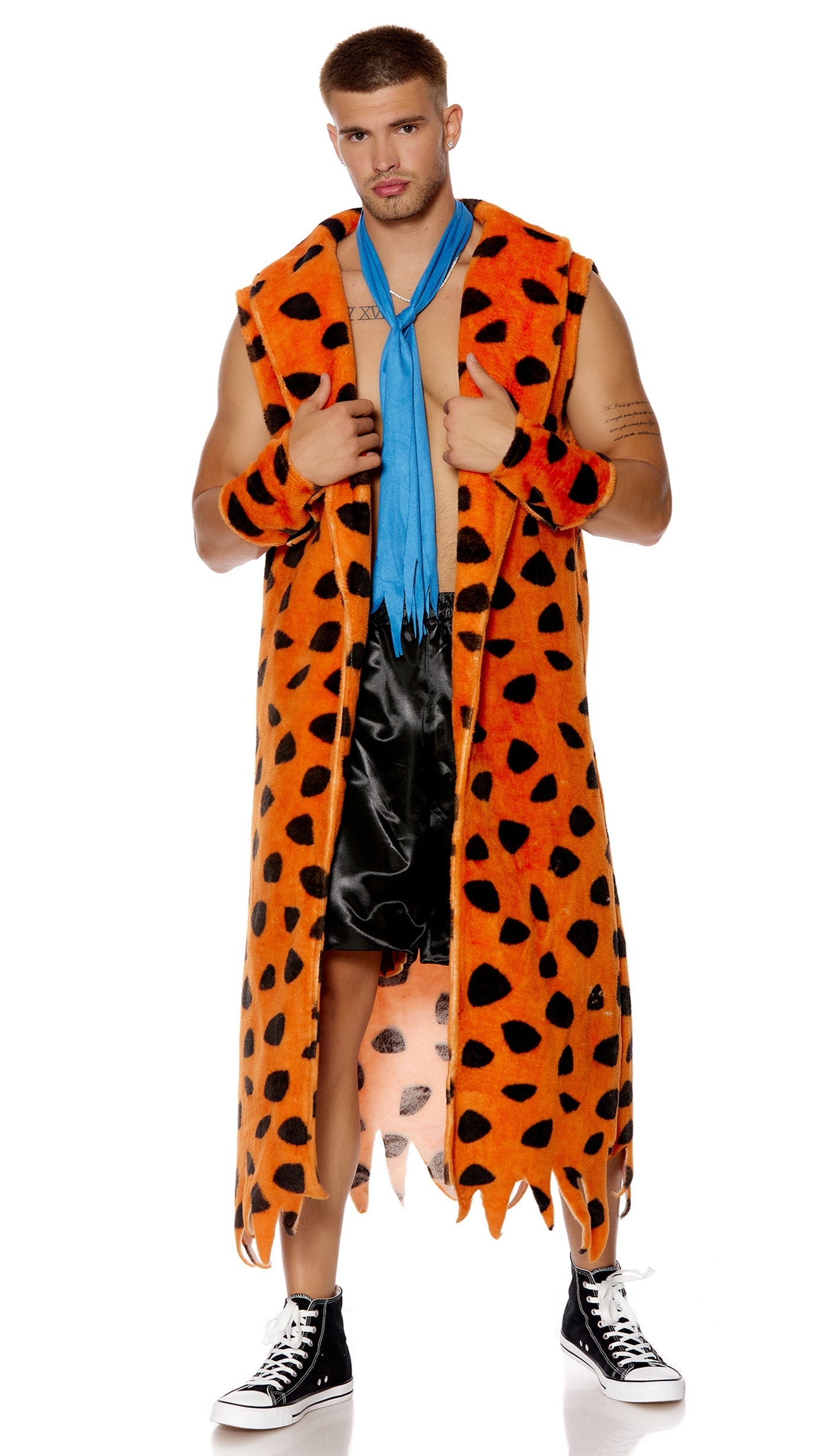 Bedrock Bro Men's Cartoon Character Costume featuring a faux fur spotted robe, matching gauntlets, and a faux suede necktie, modeled by a man.