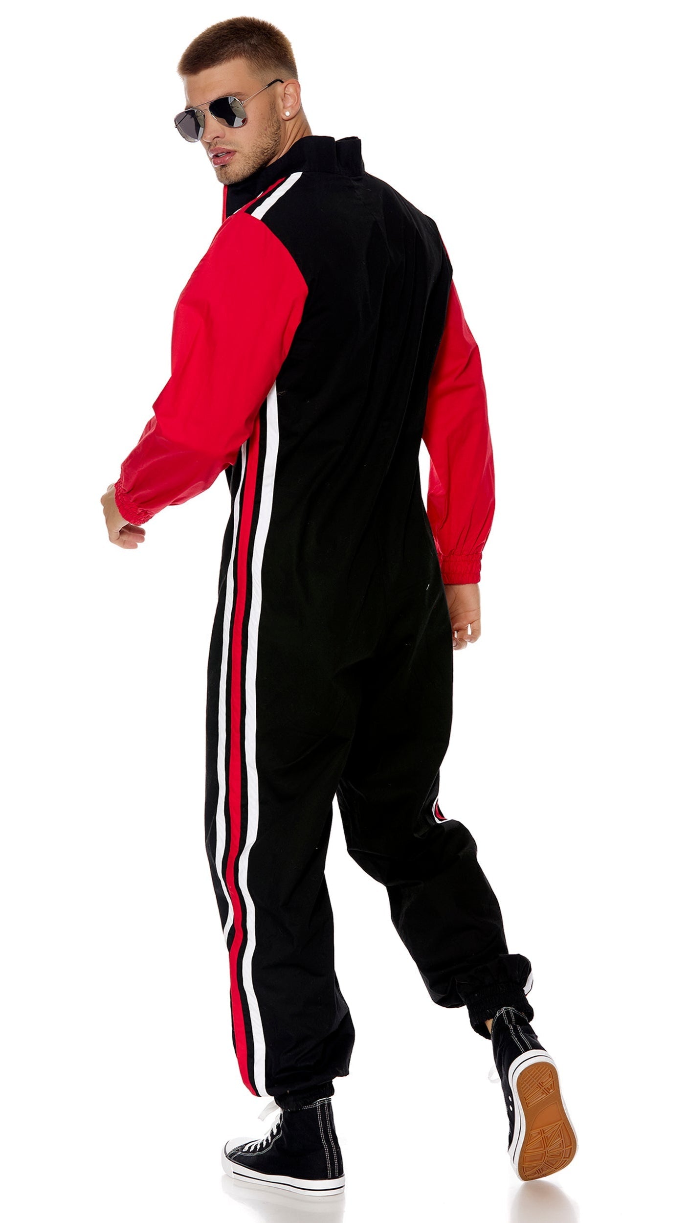 Fuel Up men's racer costume, featuring a close-up of the zipfront jumpsuit with embroidered patches, highlighting the gathered elastic hem and details.