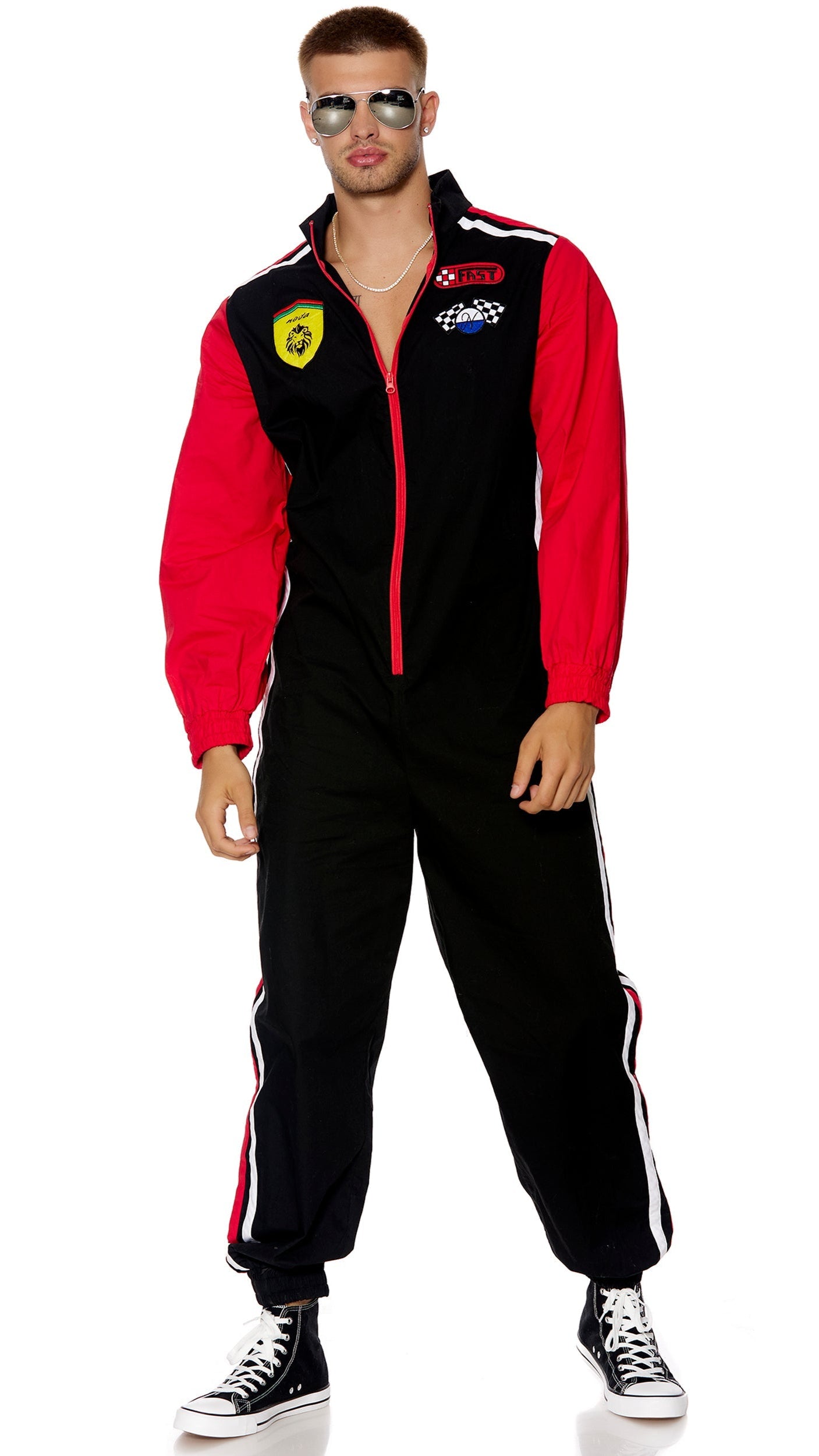 Fuel Up men's racer costume featuring a close-up view of the embroidered ornamental patches on the zip-front jumpsuit worn by a person.