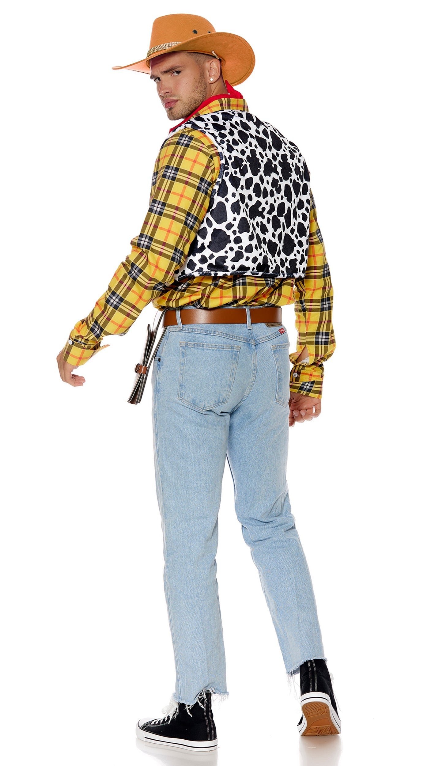 Man wearing Playtime Deputy Men's Movie Character Costume, featuring a plaid shirt, cowprint vest, and accessories like a bandana and faux leather belt with holster.