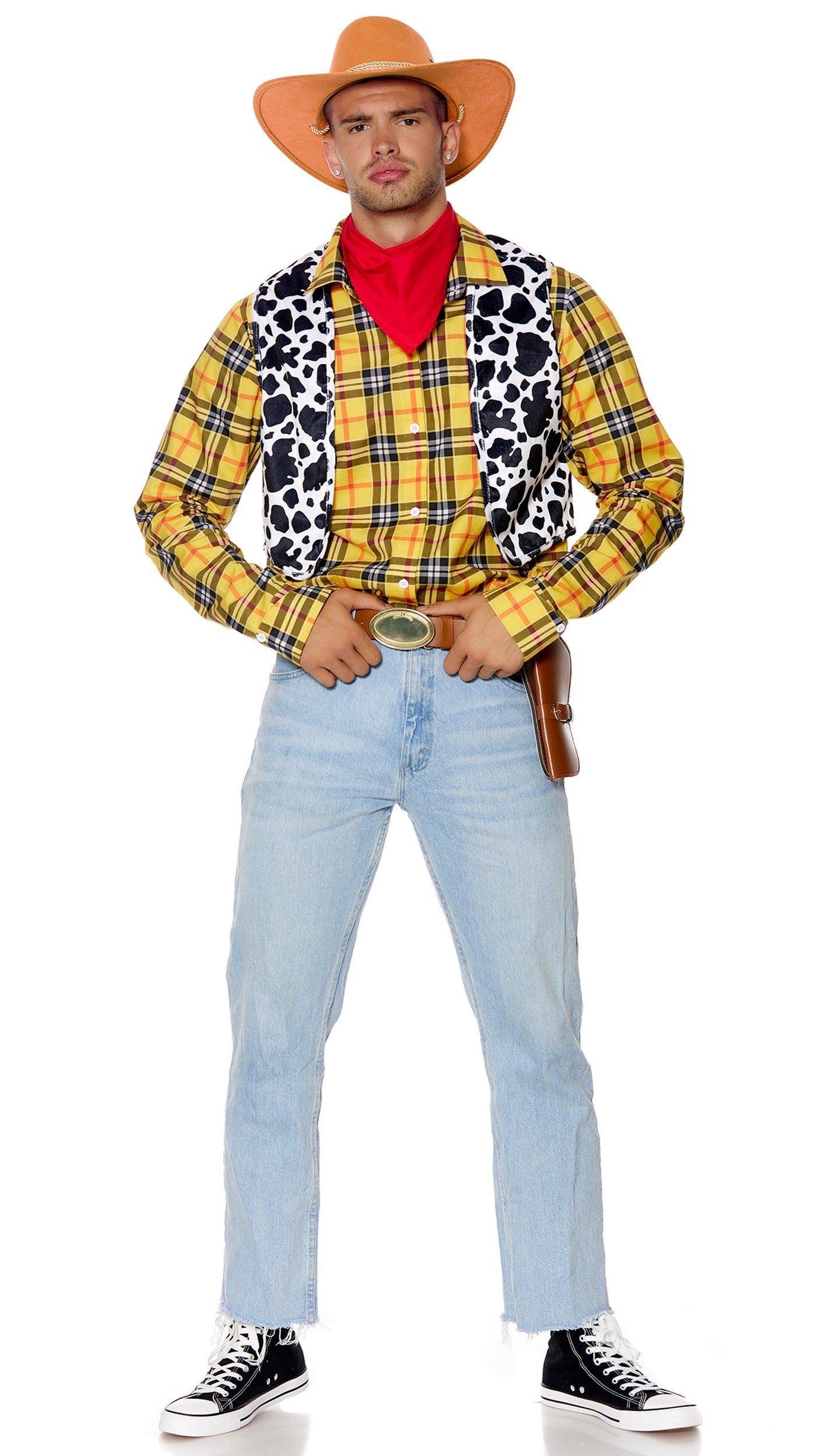 Close-up of Playtime Deputy Men's Movie Character Costume featuring a plaid shirt, cowprint vest, bandana, and faux leather belt with holster.