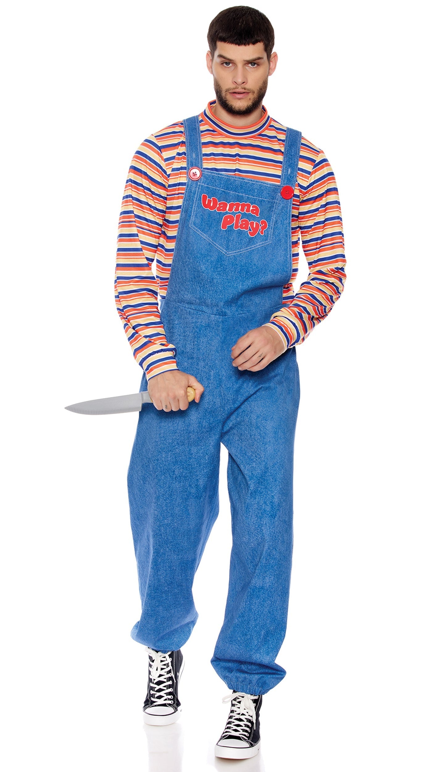 Close-up of One of The Good Guys Men's Movie Character Costume showing striped mockneck shirt, overalls with WANNA PLAY? print, and prop knife detail.