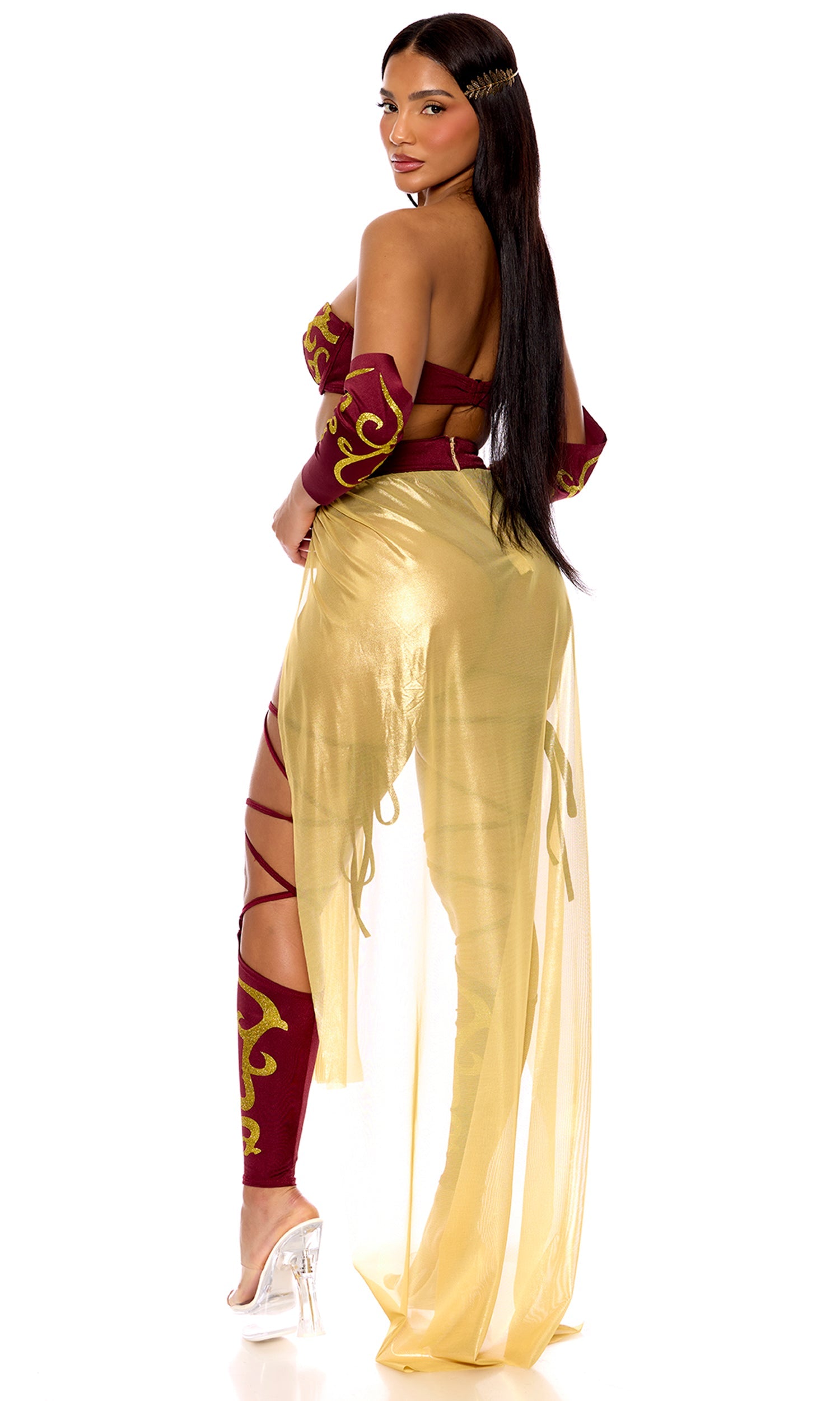 Imperial Roman gladiator outfit for women, elegant design and vibrant colors.