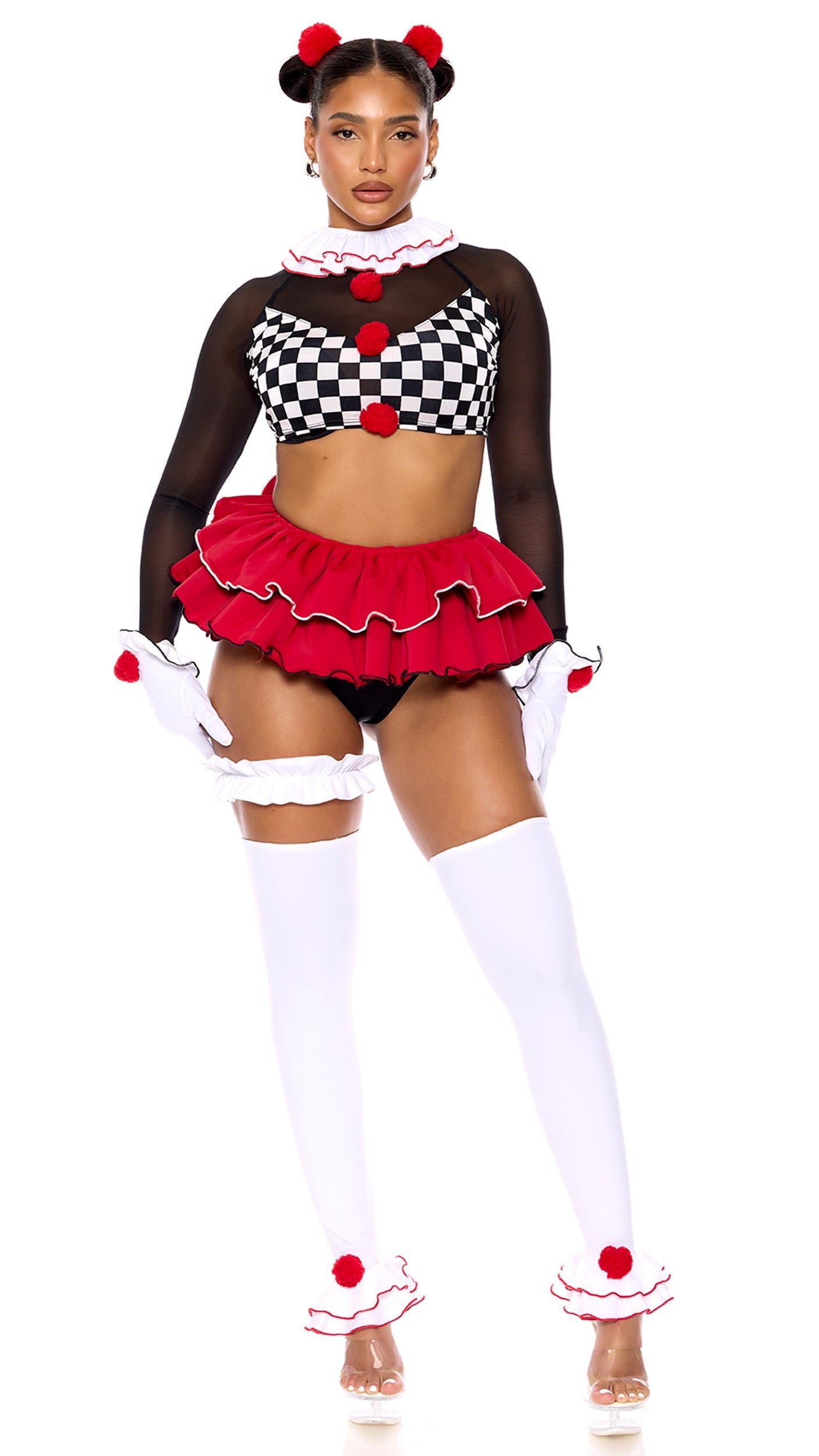 Clown Around Clown Costume showcased on a woman, featuring a checkered top with mesh panel, ruffle skirt, thigh garter, and matching accessories.