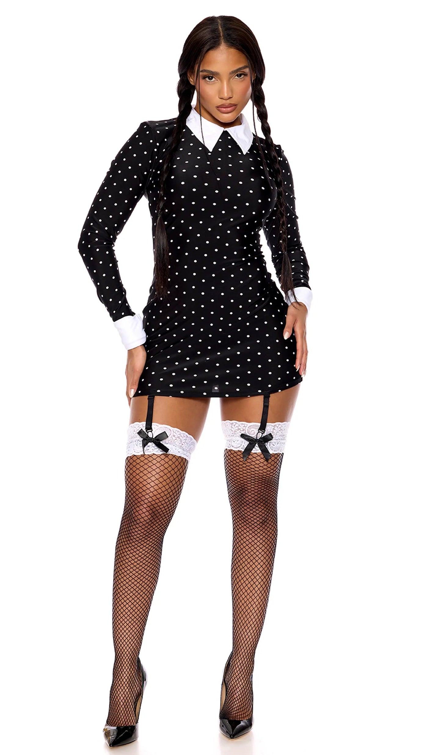 Woman wearing Wednesday Scaries TV Show Character Costume with polka dot dress, contrast collar, attached garters, and zip closure, highlighting the outfit's elegant design.