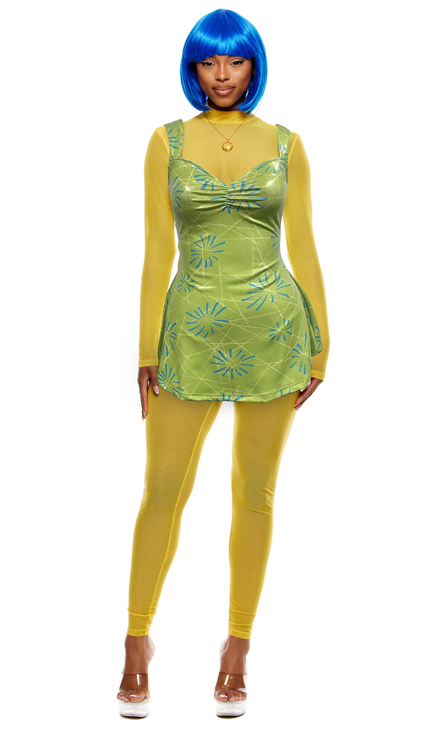 Woman in Joyful Vibes Movie Character Costume, wearing a sleeveless art deco mini dress, mockneck top, leggings, necklace, and blue bob wig.