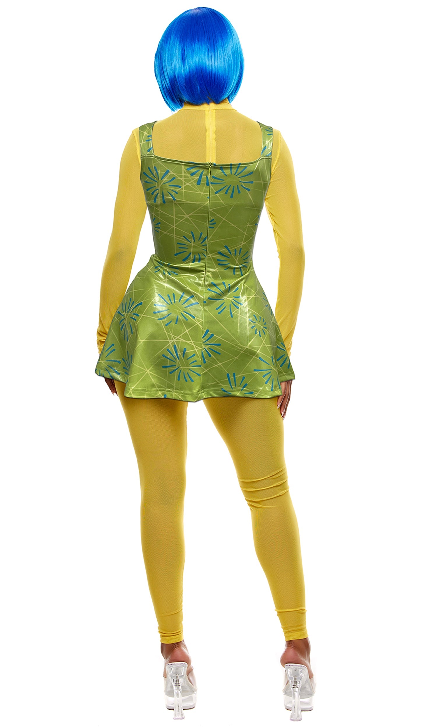A person is wearing the Joyful Vibes Movie Character Costume, which includes a bright blue wig, a green patterned dress with a yellow long-sleeved shirt, yellow leggings, and clear platform heels. Photographed from the back, this vibrant outfit radiates joyful vibes and is perfect for Halloween cosplay.