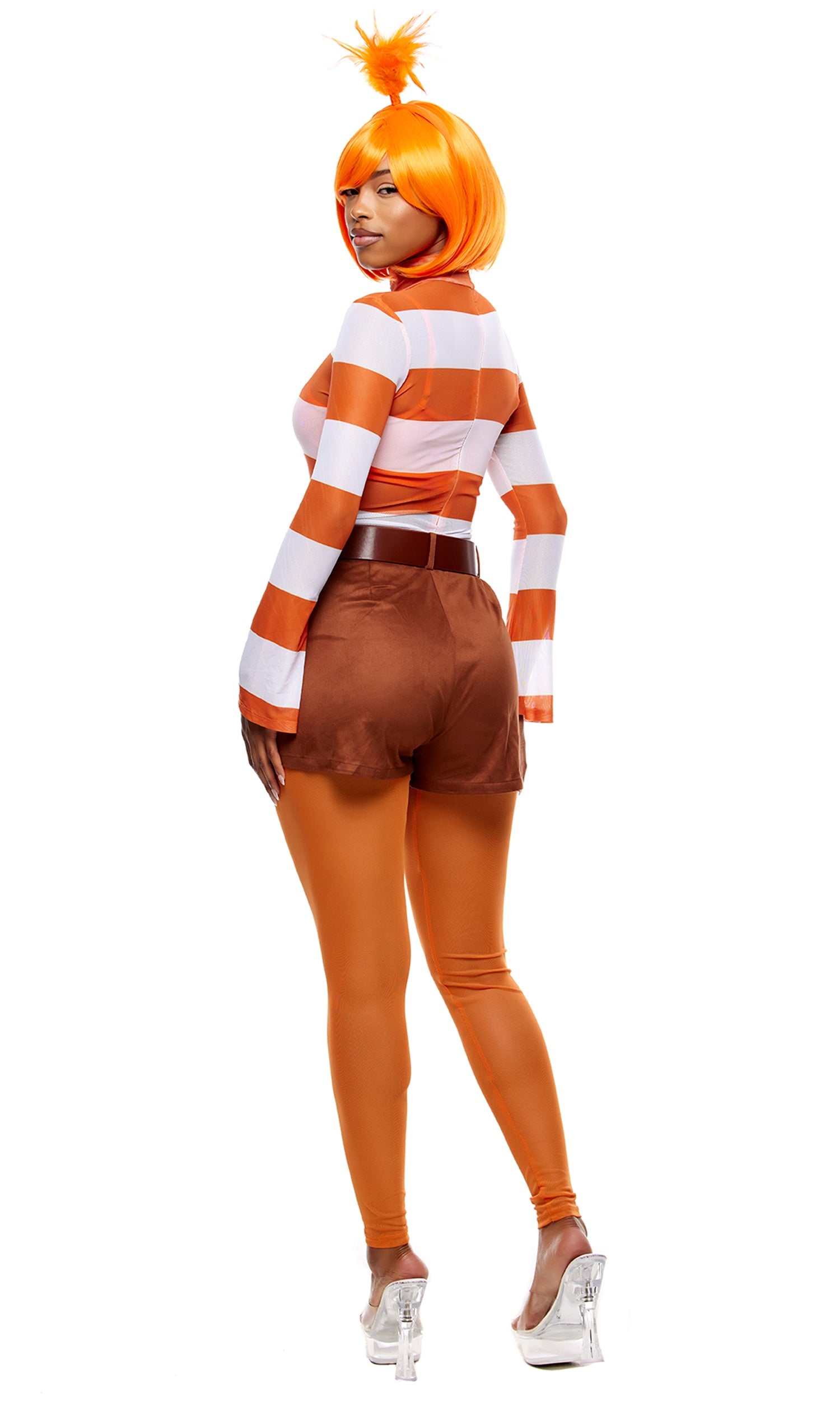 Dressed in the Anxiety-Themed Movie Halloween Costume, an individual wears a captivating outfit featuring an orange and white striped top, complemented by sexy, sheer mesh leggings and coordinating orange shorts. An orange wig with a playful topknot perfects this vibrant ensemble, ensuring it's a standout at any festive gathering.